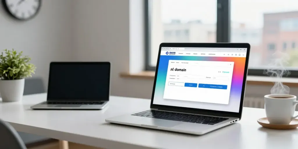 Een professional registreert een .nl domeinnaam op een laptop, met een moderne werkomgeving en een productieve sfeer.