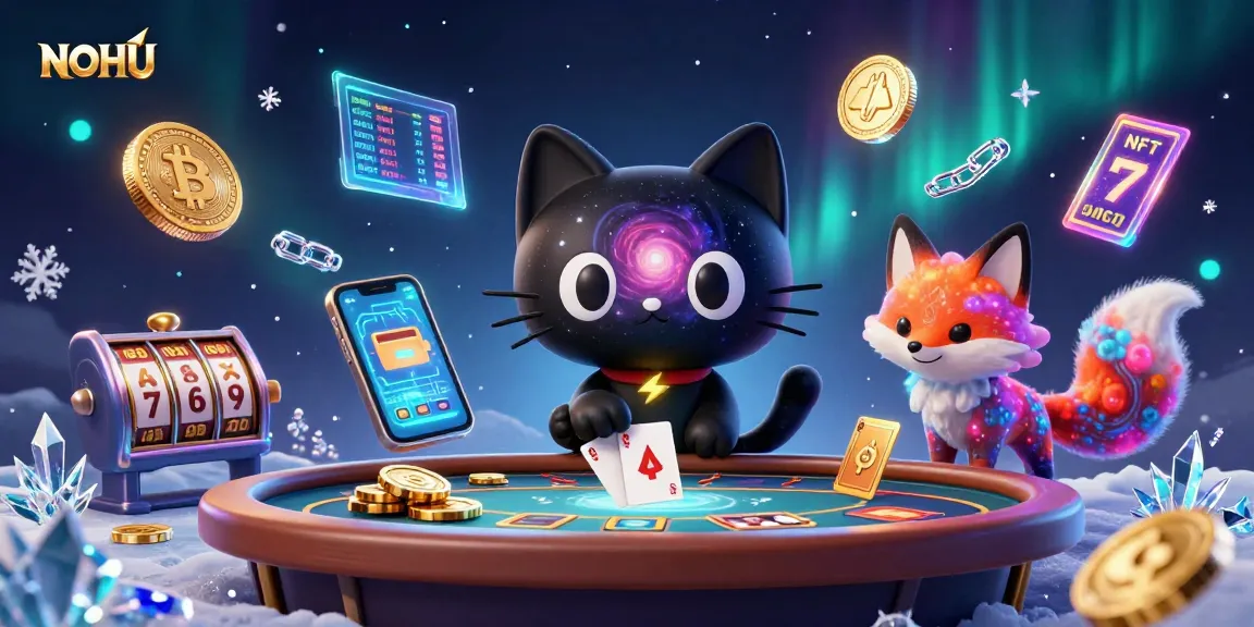 Engage with NOHU in an exhilarating cosmic casino scene featuring playful characters and vibrant gaming elements.