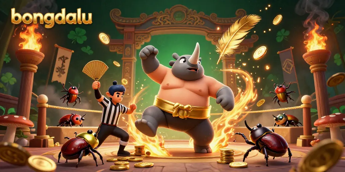 Bongdalu's dynamic illustration featuring a rhinoceros beetle sumo champion amidst golden gambling elements.
