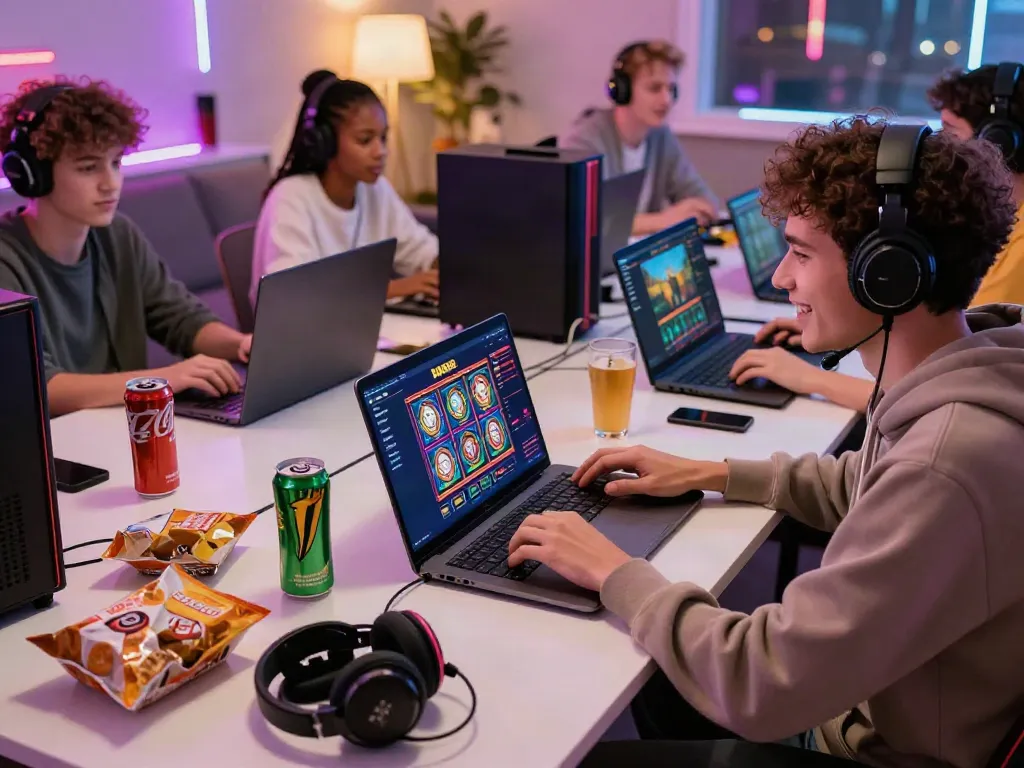 Players enjoying slot games on the DA88 gaming platform in a lively home setting.