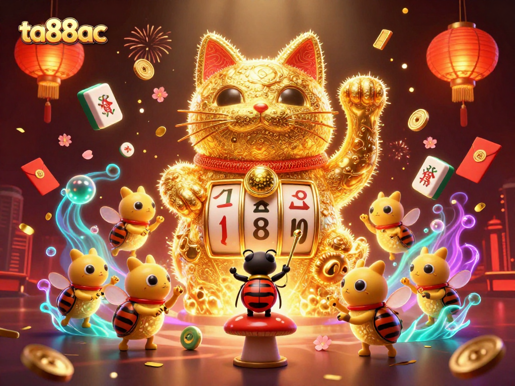 Engage with ta88ac's vibrant lucky cat casino illustration showcasing dynamic slot reels.