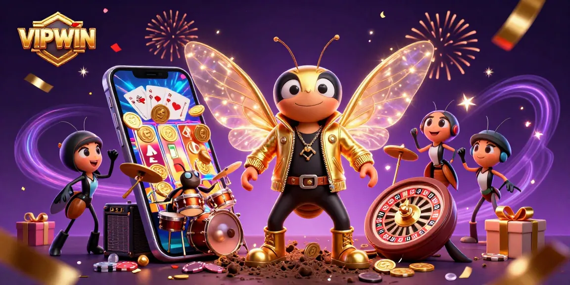 Experience the thrill of VIPWIN with a vibrant casino scene featuring colorful slot games and dynamic characters.