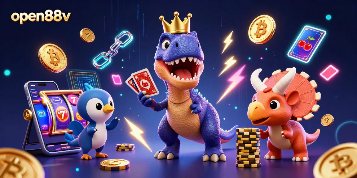 Engage with open88v's thrilling slot games, showcasing a T-Rex and friends amid vibrant gaming elements.