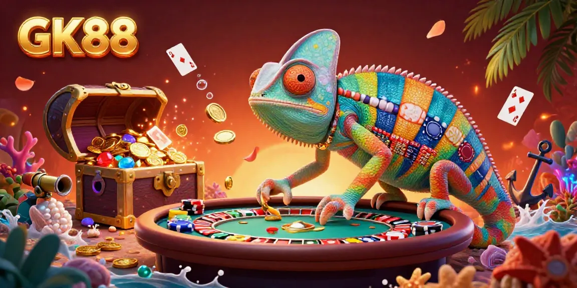 Experience thrilling games at GK88 with an exciting scene featuring a colorful chameleon casino owner and vibrant underwater elements.