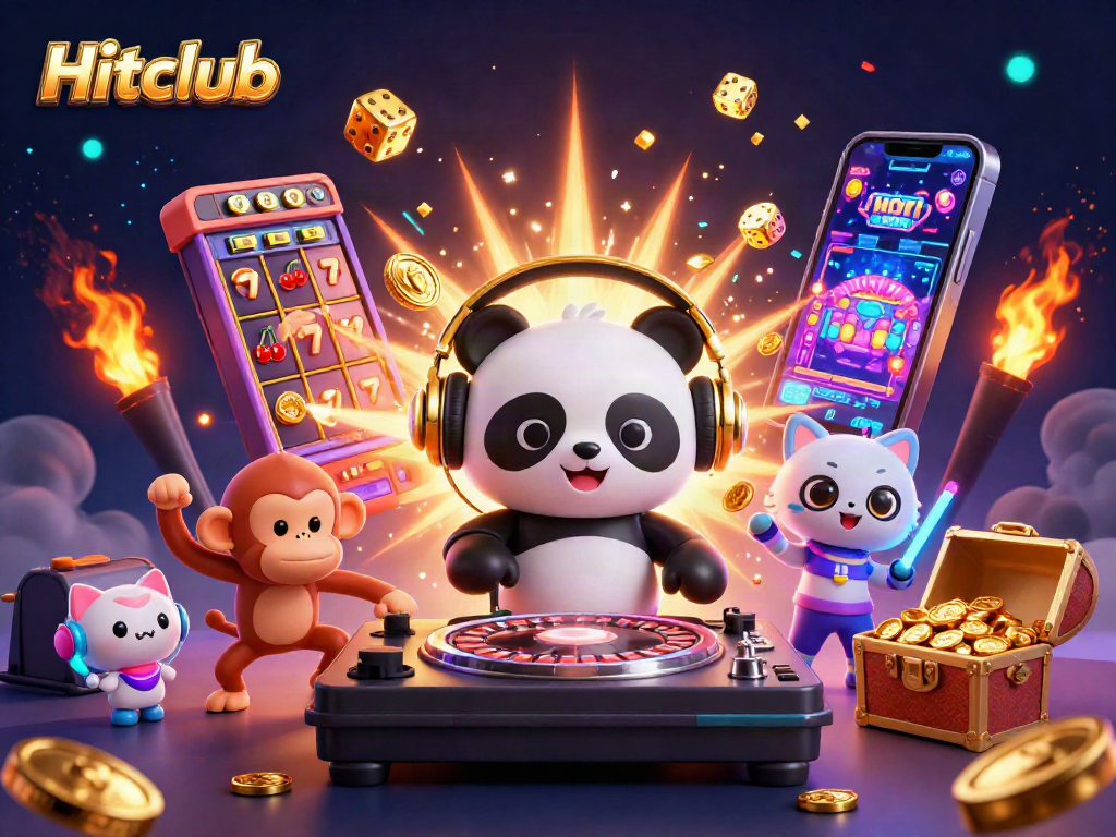 Hitclub celebrates a vibrant casino atmosphere with a DJ panda, dancing monkey, and kitten amidst joyful gaming elements.