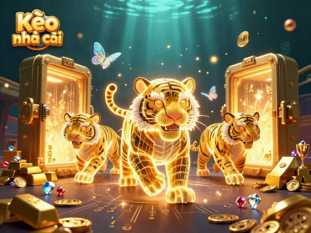 Explore the vibrant Kèo nhà cái scene with a golden tiger in a digital casino landscape.