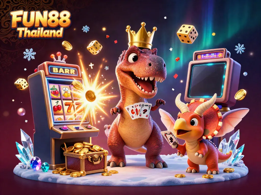 Experience an engaging casino scene with T-Rex and friends showcasing FUN88 Thailand themed elements, featuring vibrant slot machines and golden treasures.
