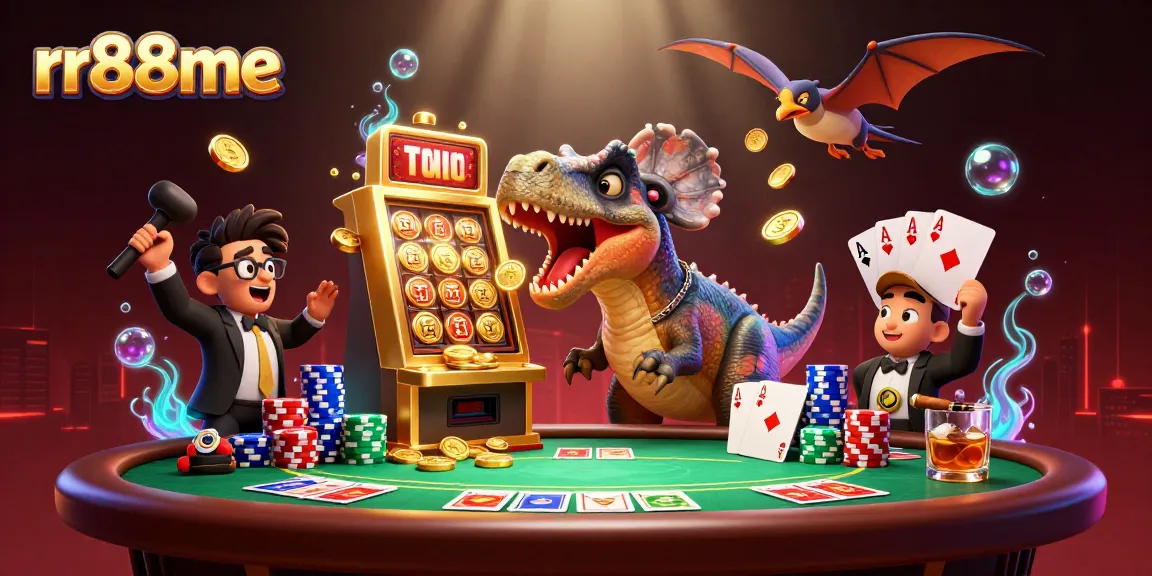 Experience the excitement of rr88me as creatures interact with a shiny slot machine in a dynamic casino scene.