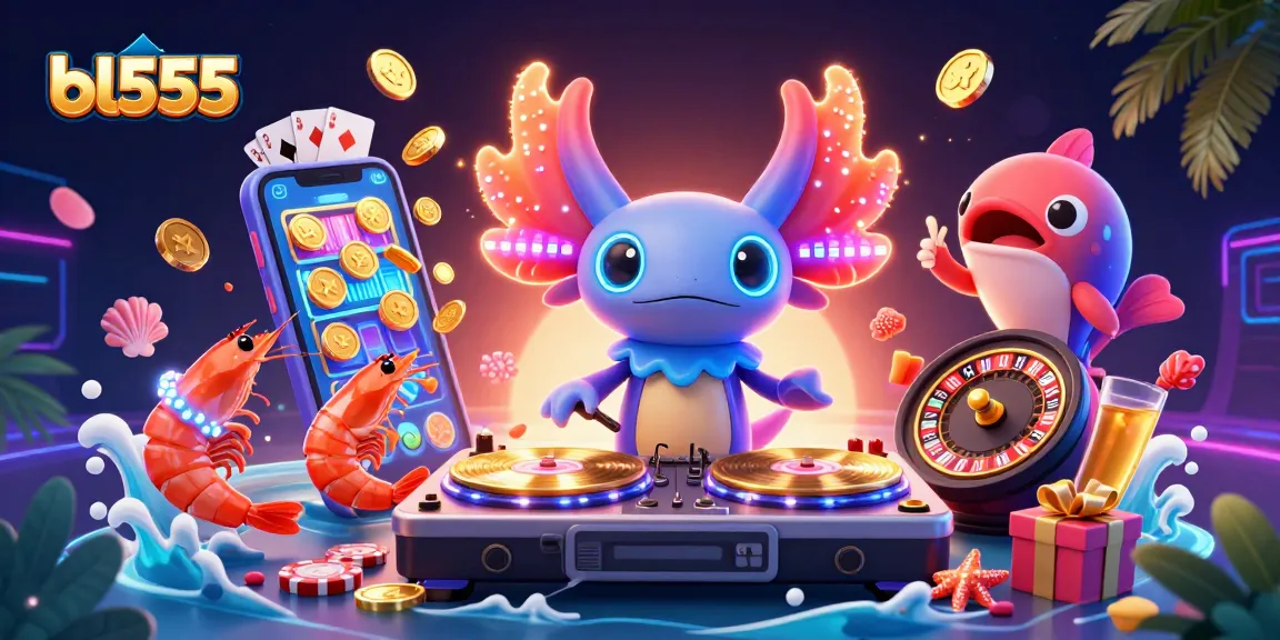 Engage with bl555's lively gaming world featuring a neon axolotl DJ surrounded by fun casino elements.