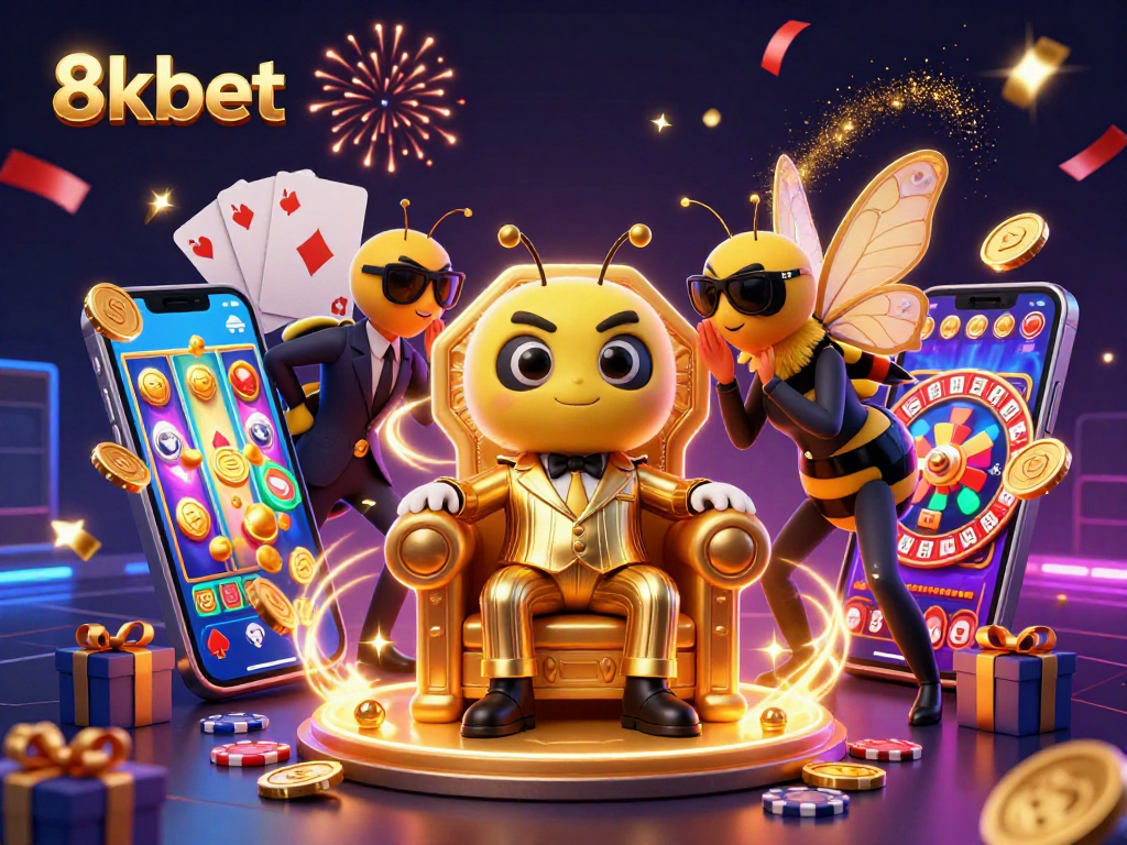 Experience thrilling gameplay with 8kbet’s vibrant 3D casino illustration featuring games and excitement.