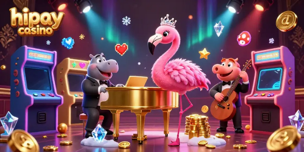 Experience the vibrant atmosphere of a hipay casino with a lively lounge singer and bassist in a 3D illustration.