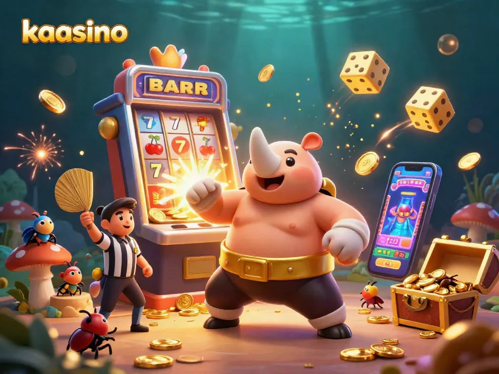 Kaasino offers exciting slots action with a dynamic illustration of a sumo beetle champion amidst jackpot symbols.