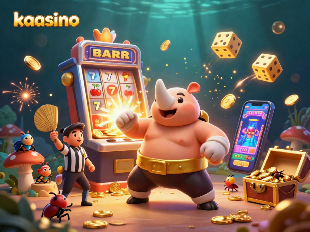 Kaasino offers exciting slots action with a dynamic illustration of a sumo beetle champion amidst jackpot symbols.