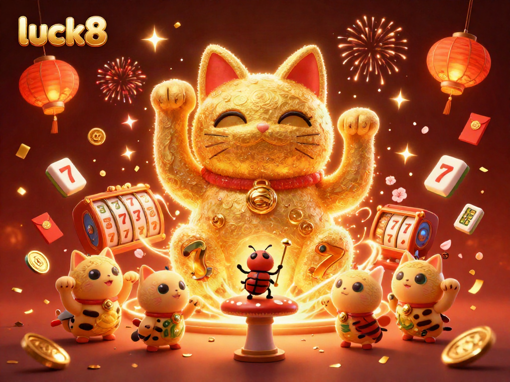 Experience luck8's vibrant casino atmosphere with a lucky cat and golden fireflies amidst celebratory elements.