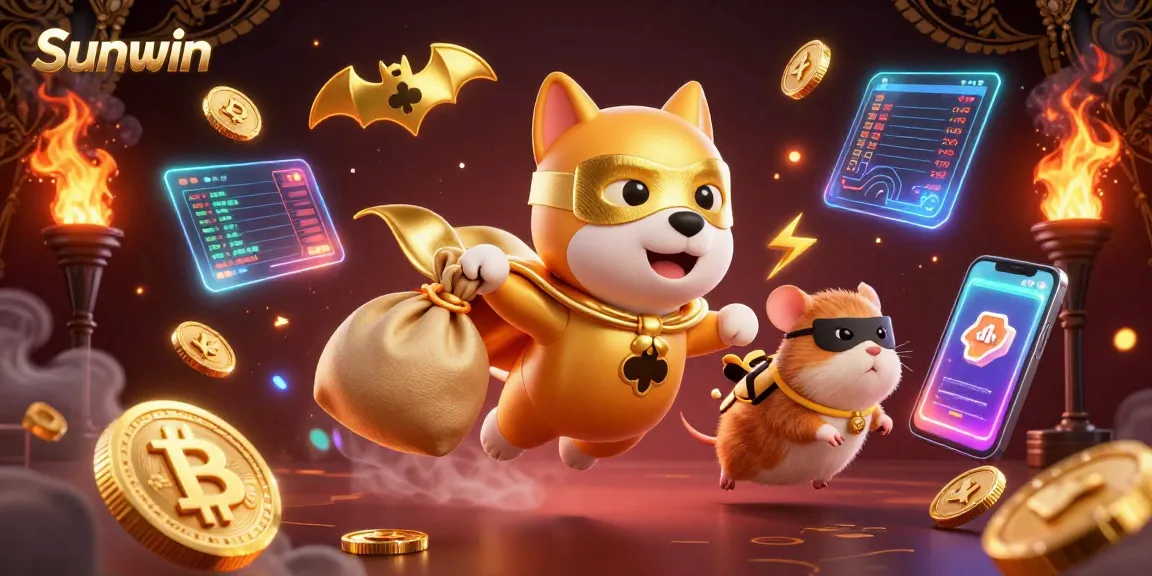 Engage in thrilling gameplay at Sunwin with a superhero dog delivering gold coins in a vibrant casino scene.