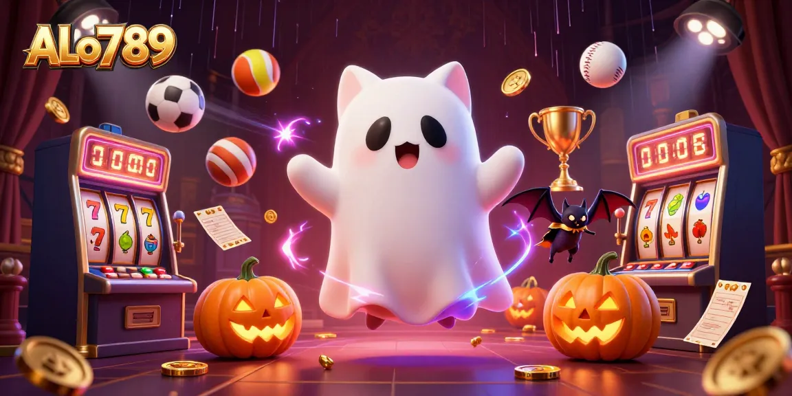 Engage in thrilling gaming adventures with ALo789, featuring slot machines, ghost cat in casino.