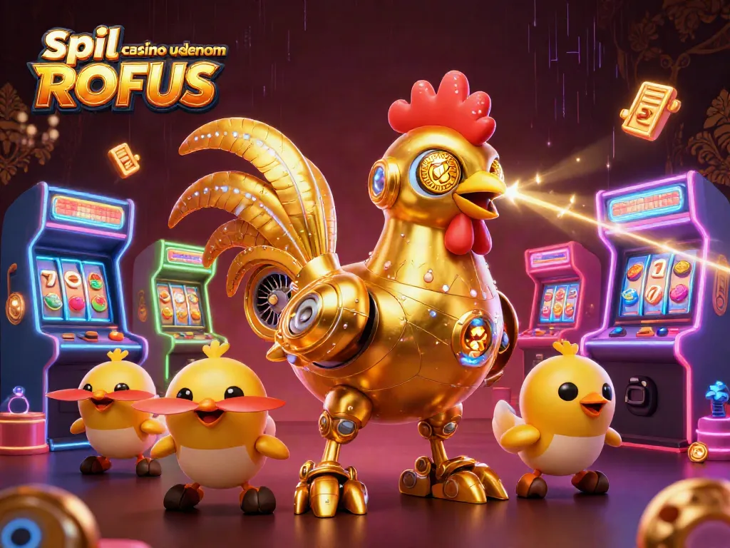Engage in spil casino uden om ROFUS with a vibrant scene featuring a golden rooster robot and arcade machines.
