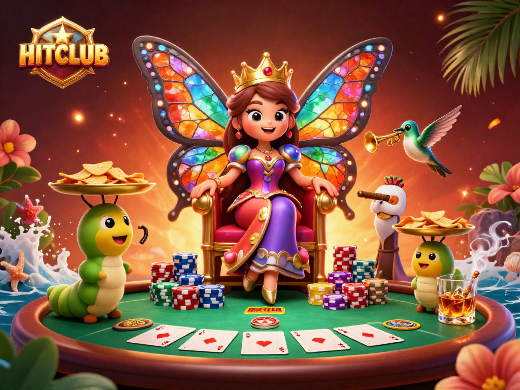 Engage with HITCLUB’s vibrant gaming scene featuring a butterfly queen and poker elements.