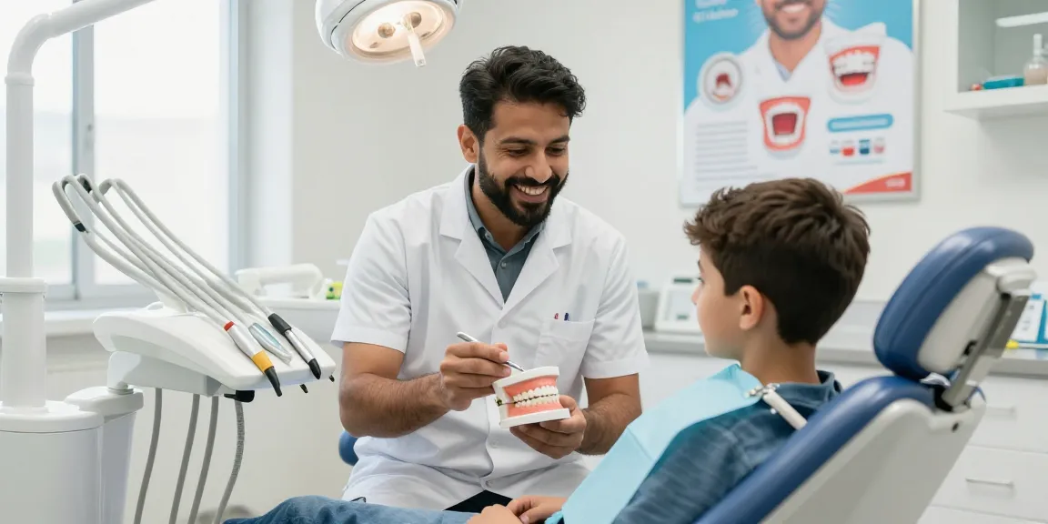 Tandarts praktijk Nijmegen met vriendelijke tandarts Shwan Rasheed die een kind uitleg geeft over mondzorg.