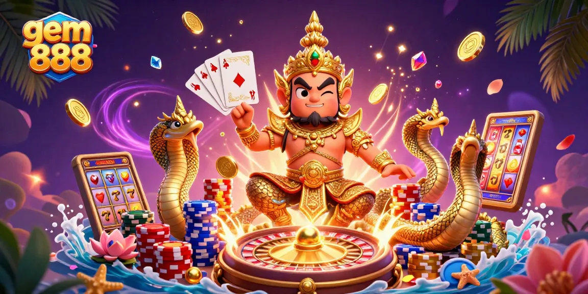 Experience exciting gameplay with gem888's dynamic slots and casino elements in this vibrant illustration.