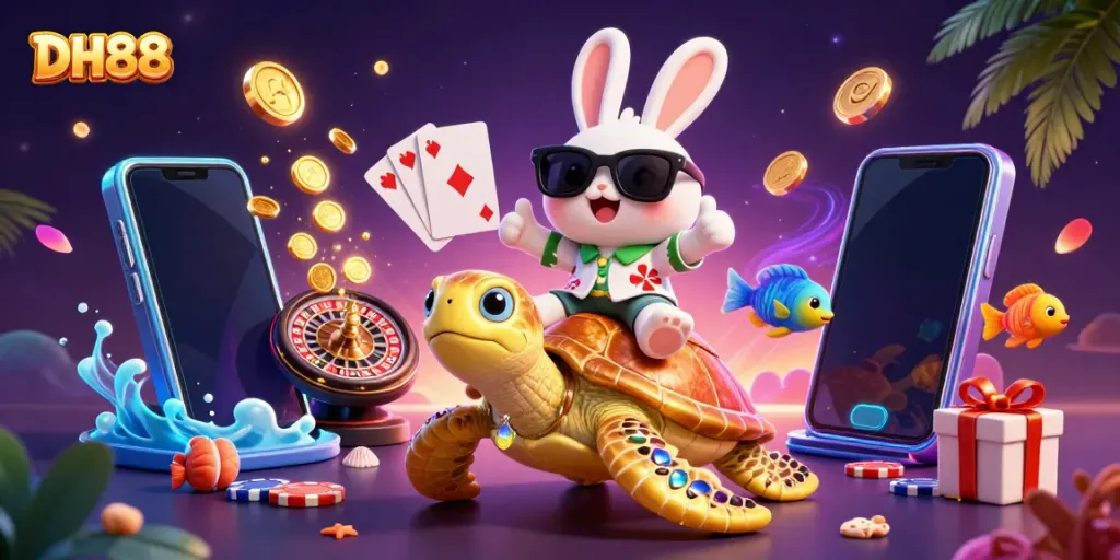 Engage with DH88's vibrant casino experience featuring a lucky rabbit and sea turtle enjoying a colorful underwater gaming adventure.