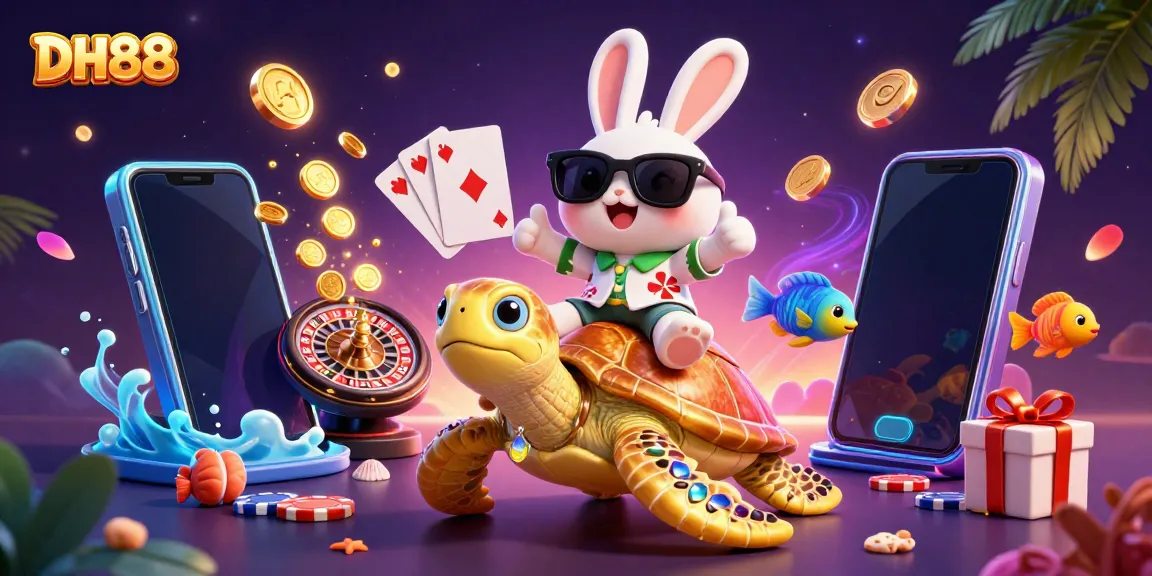 Engage with DH88's vibrant casino experience featuring a lucky rabbit and sea turtle enjoying a colorful underwater gaming adventure.