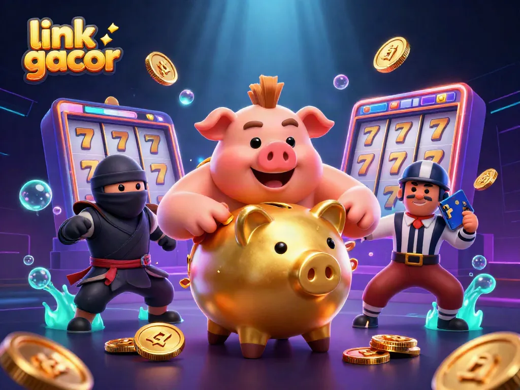 Experience thrilling gameplay with link gacor featuring a golden piggy bank sumo wrestler and dynamic slot elements.