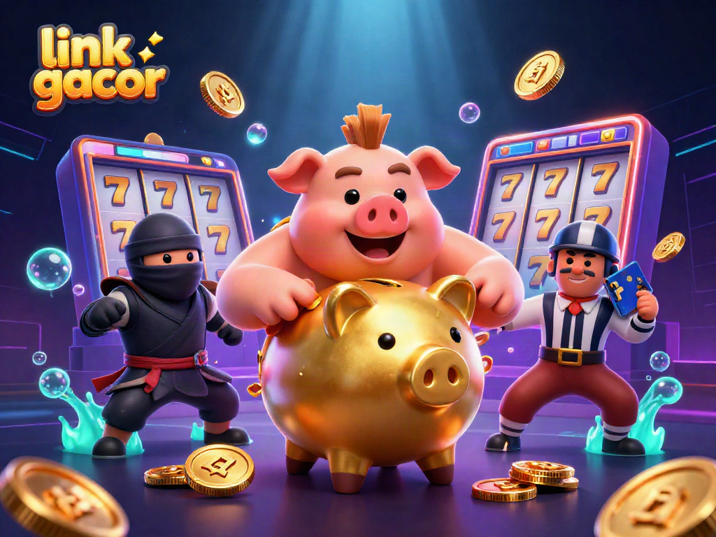 Experience thrilling gameplay with link gacor featuring a golden piggy bank sumo wrestler and dynamic slot elements.