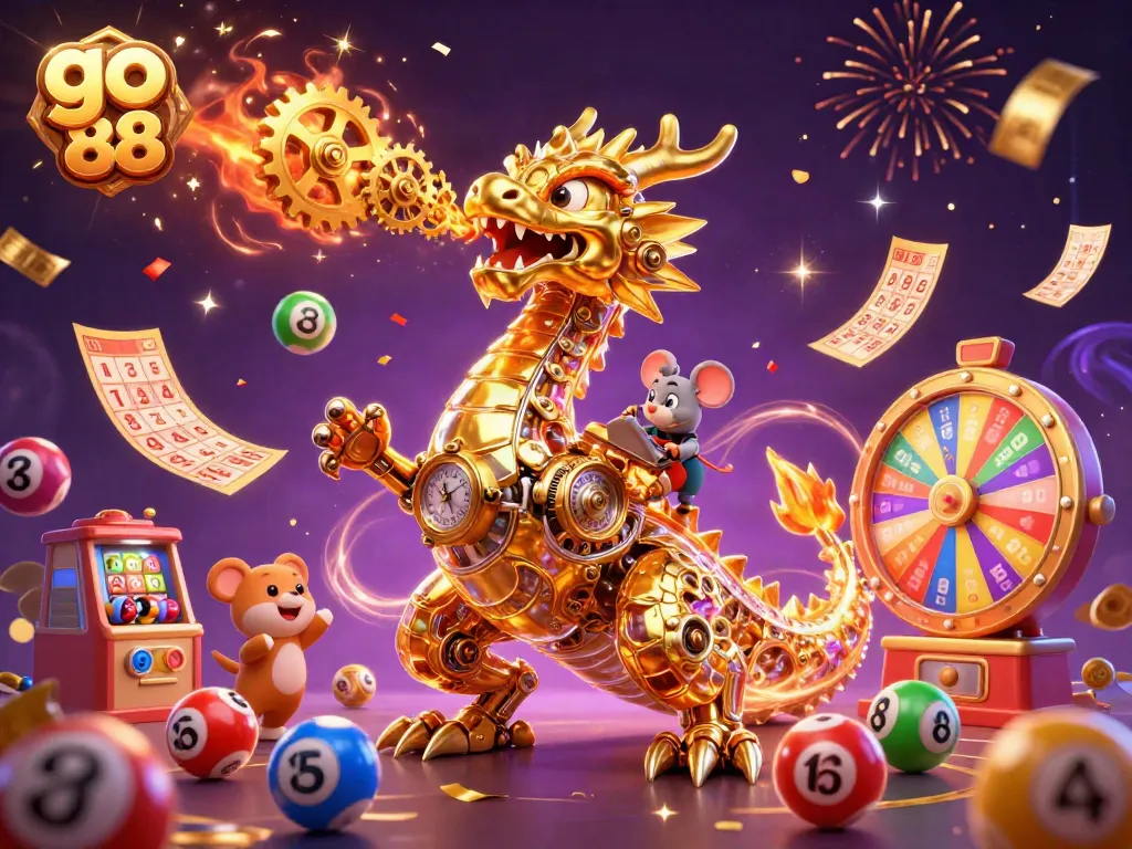 Experience the excitement of go 88 with a golden dragon and lottery elements in a festive casino scene.