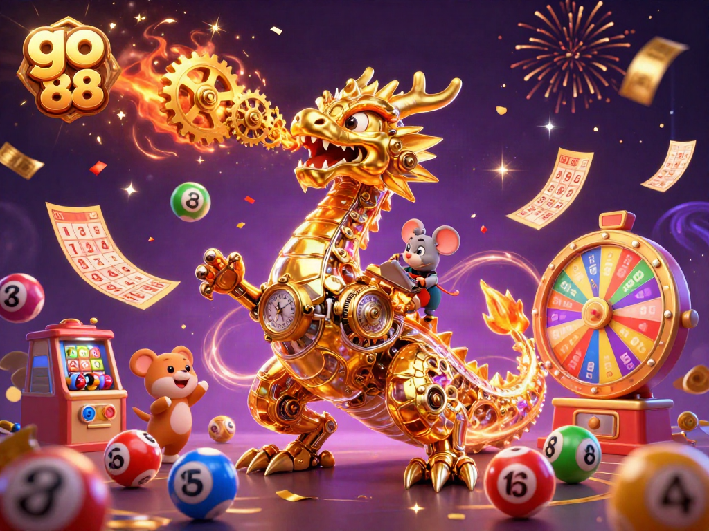 Experience the excitement of go 88 with a golden dragon and lottery elements in a festive casino scene.