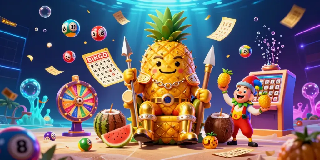Engage in excitement at 88vbet with a vibrant beach casino scene featuring the golden pineapple king amidst colorful lottery elements.