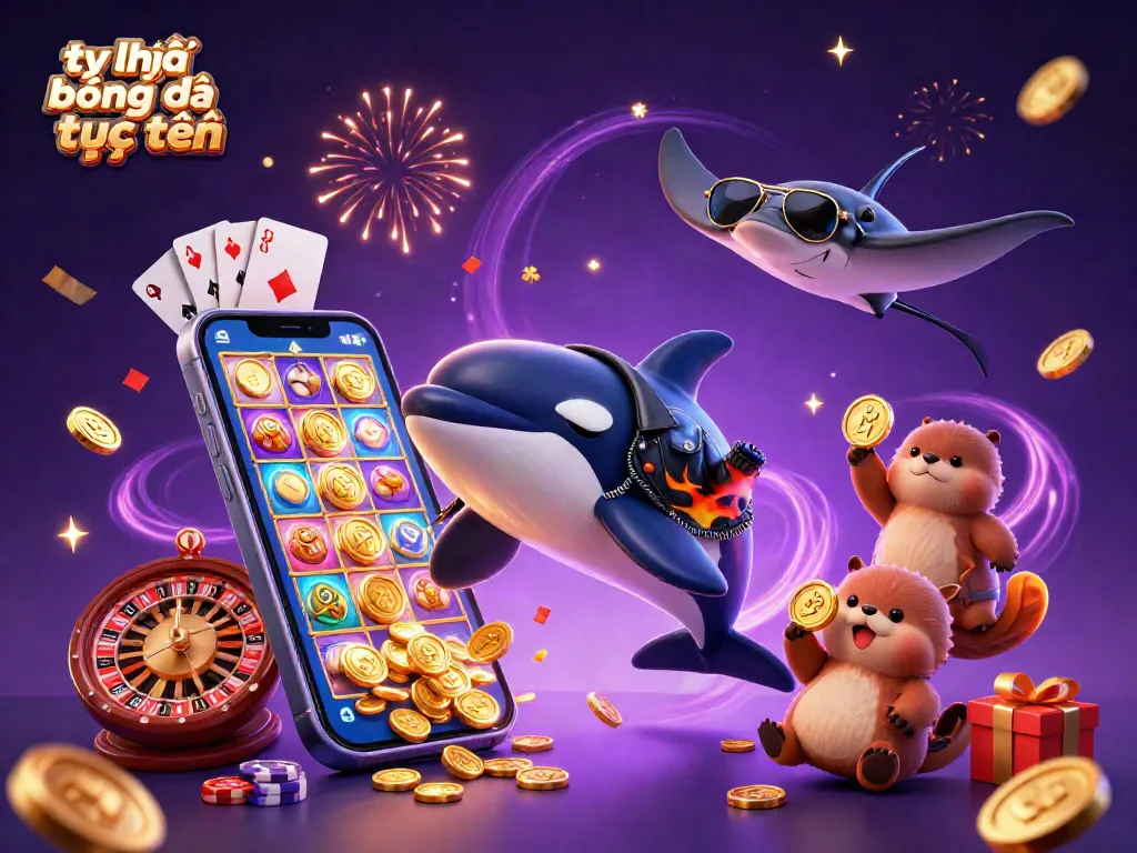 Tỷ lệ bóng đá trực tuyến with orca whale, stingray, and otters celebrating with golden coins and casino elements