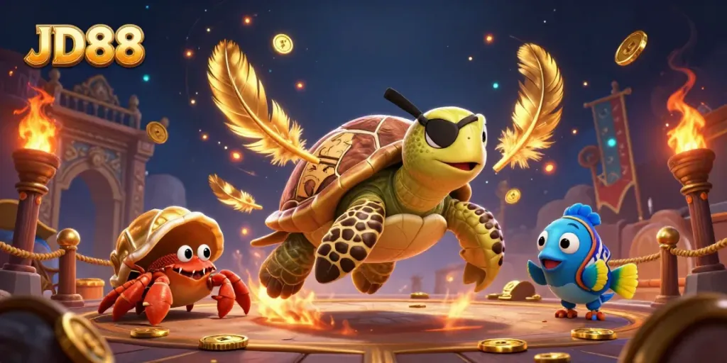 Engage with JD88's thrilling casino experience featuring a pirate turtle, hermit crab, and parrotfish amid treasures.