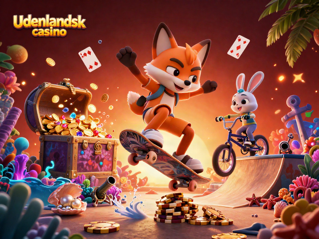 Experience the excitement of udenlandsk casino with a vibrant 3D scene featuring dynamic characters and casino elements.