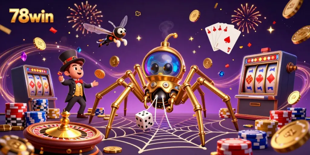 Engage in thrilling gameplay at 78win with 3D golden spider capturing dice amid virtual casino excitement.