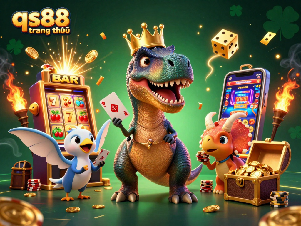 Engage with exciting gaming action at qs88 trang chủ featuring a T-Rex shuffling cards and a jackpot explosion of coins.