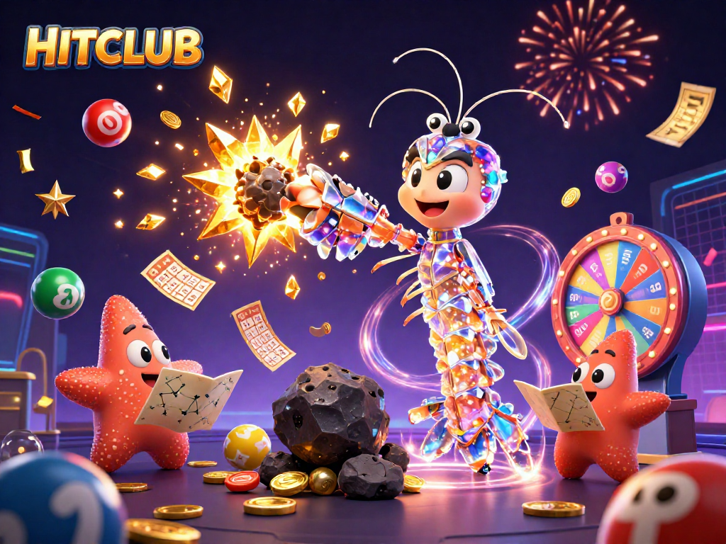 HITCLUB offers a vibrant 3D scene with colorful lottery elements and dynamic casino imagery.