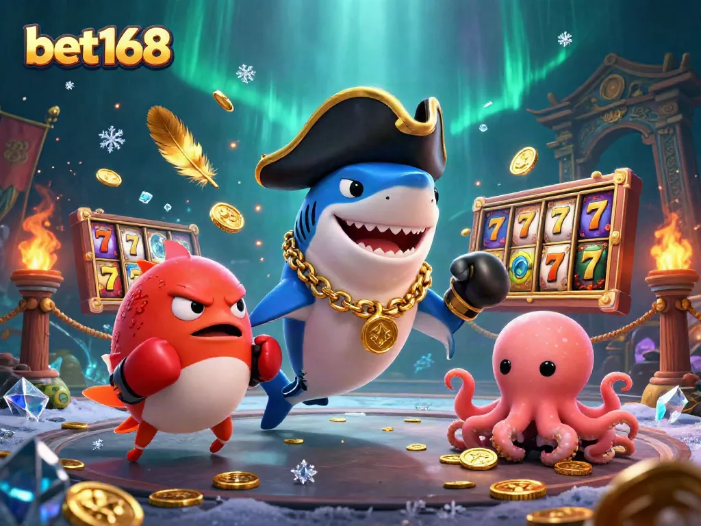 Bet168 slots come alive with a pirate shark, pufferfish boxer, and octopus gathering gold coins.