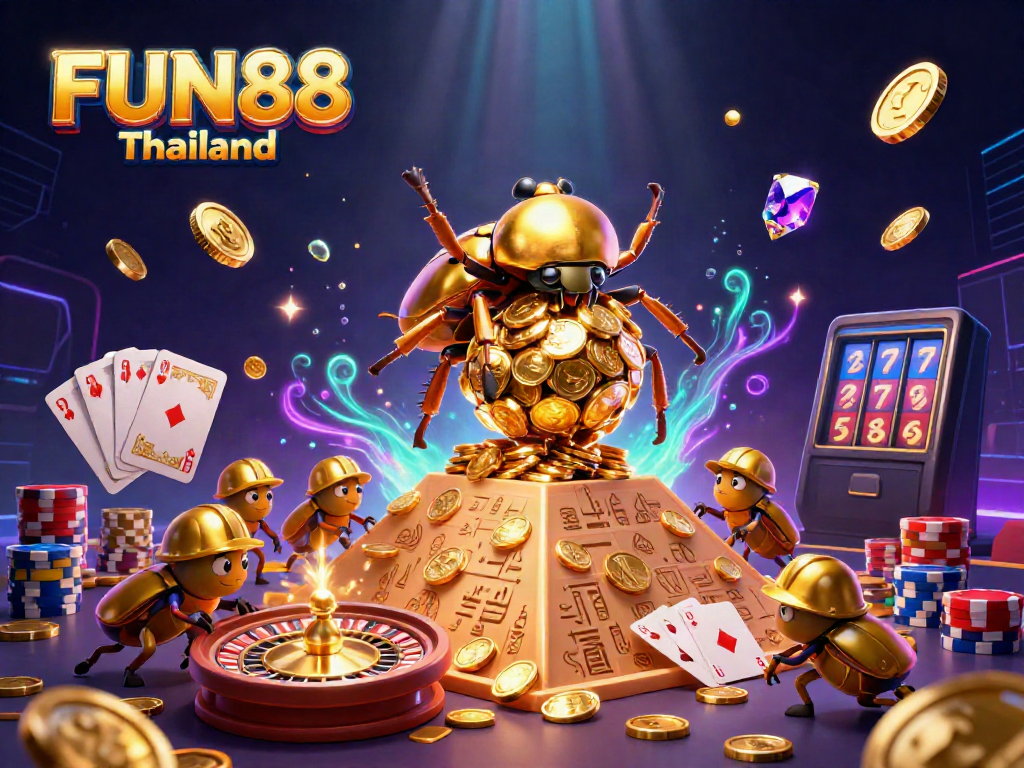 Experience exciting gaming with FUN88 Thailand featuring vibrant casino elements and golden coins cascading.
