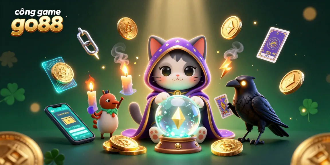 Engage at cổng game go88 with a mystic cat, tarot raven, and dancing flames illuminating the casino atmosphere.