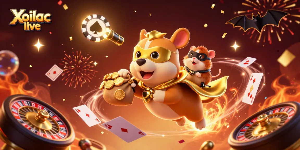 Xoilac live showcases a vibrant casino scene with a superhero dog and colorful game elements.