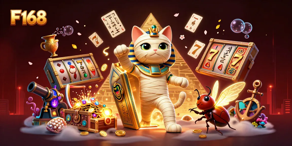 Experience thrilling gaming with F 168's vibrant pyramid casino scene featuring lucky symbols and treasures.