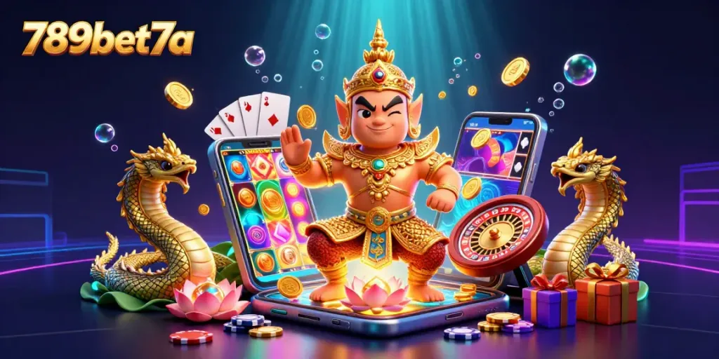 Experience thrilling games at 789bet7a with dynamic 3D illustration of casino excitement and vibrant characters.