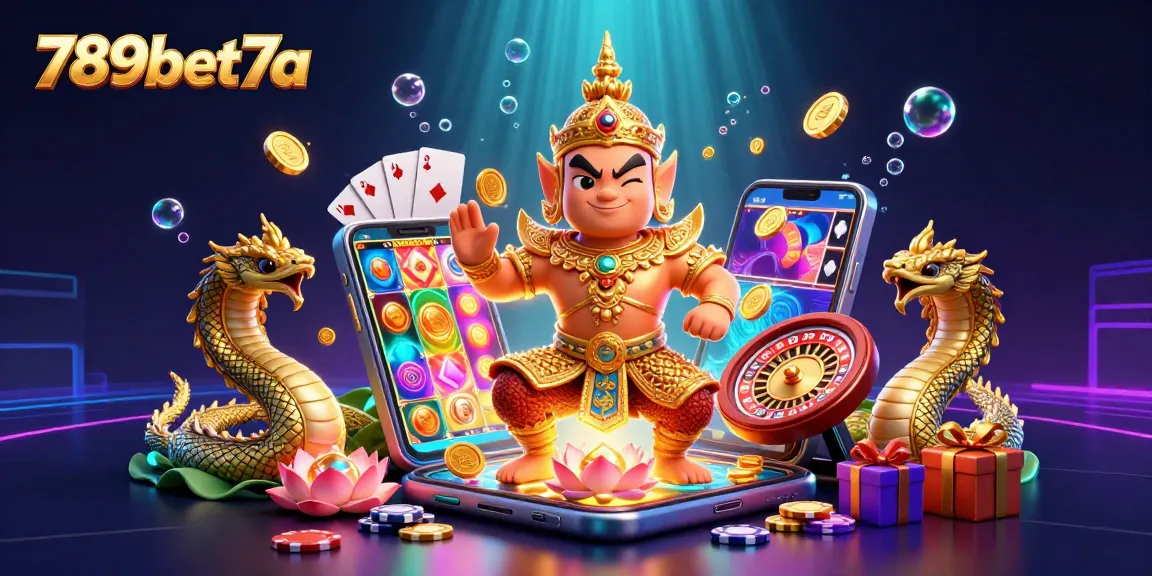 Experience thrilling games at 789bet7a with dynamic 3D illustration of casino excitement and vibrant characters.