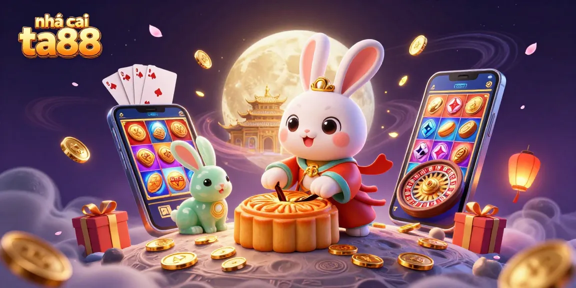 Experience the magic of nhà cái ta88 with a whimsical 3D illustration of a moon rabbit in a lunar casino scene.
