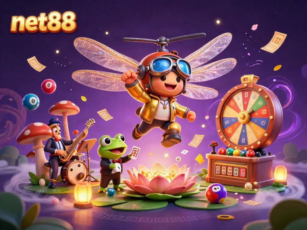 Experience the excitement of net88 with vibrant casino elements, colorful lottery balls, and engaging characters.