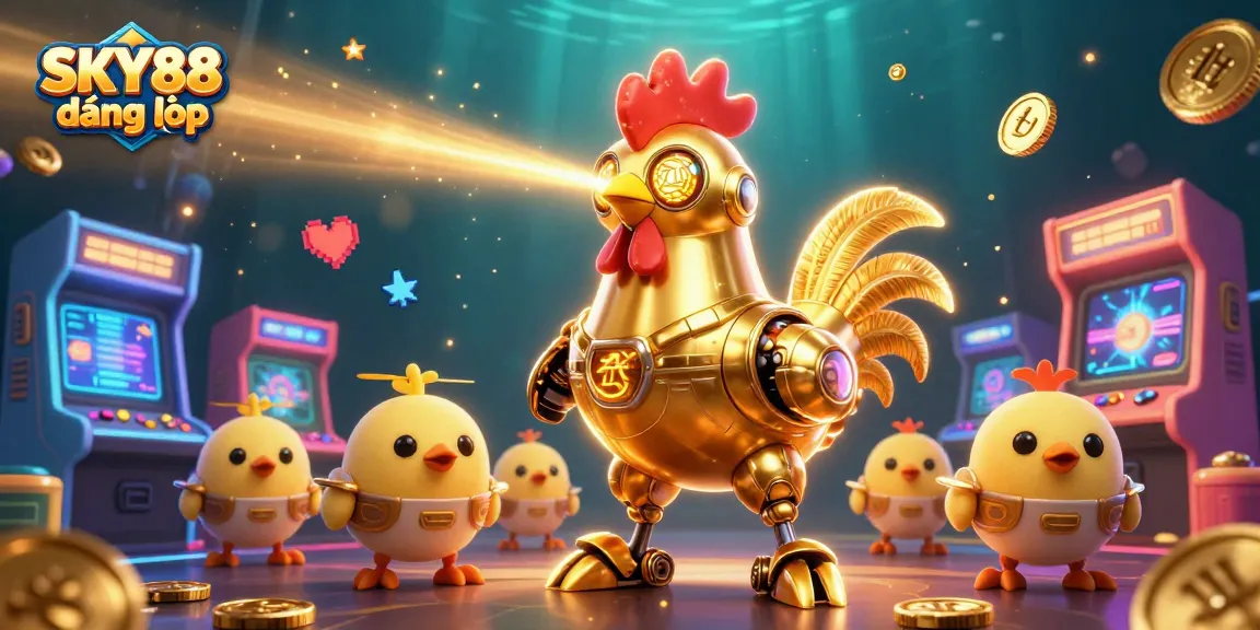 Engage with SKY88 đăng nhập in a vibrant casino scene featuring golden rooster robot and game elements.