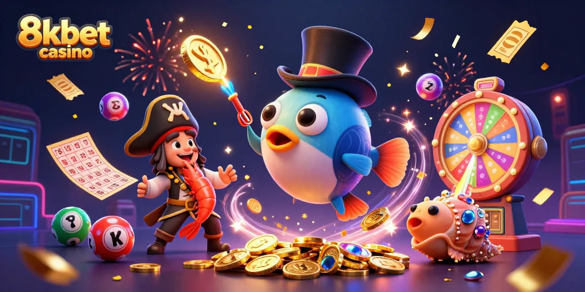Experience thrilling games at 8kbet casino with animated characters and vibrant lottery elements.