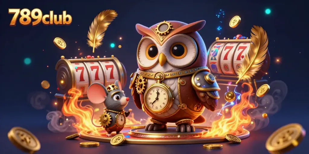 Experience the thrill of 789club with a vibrant 3D illustration of a time-traveling owl in a steampunk casino.