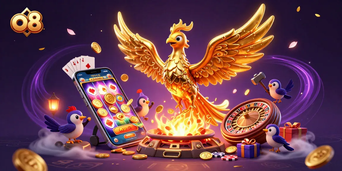 Play thrilling games at O8 with a vibrant golden phoenix and exciting slot elements.